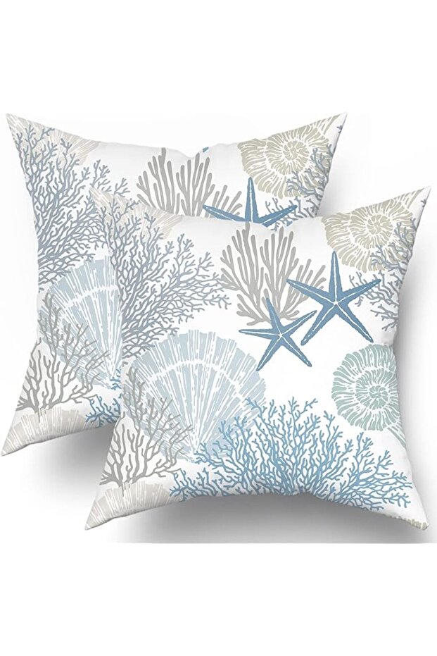 Nautical Coastal Throw Pillow Covers 18x18 Set of 2 - Seashell Coral Starfish