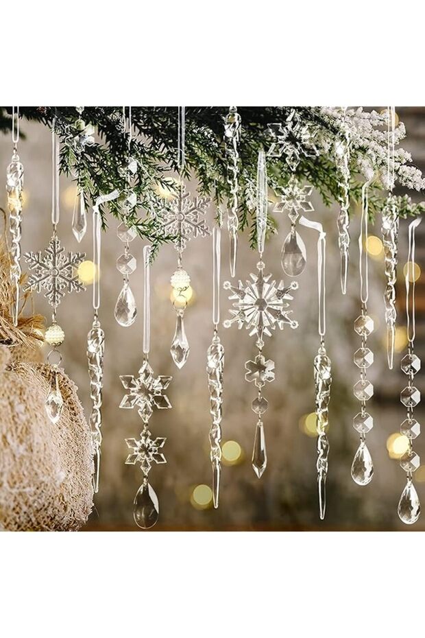 18pcs Snowflake Drop Crystal Ornaments - Hanging Acrylic Christmas Tree Decorations