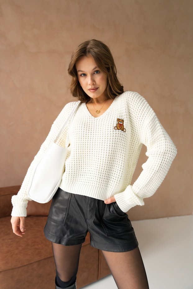 Women's V-Neck Embroidery Detail Lace-Like Knit Knitwear Sweater 225008