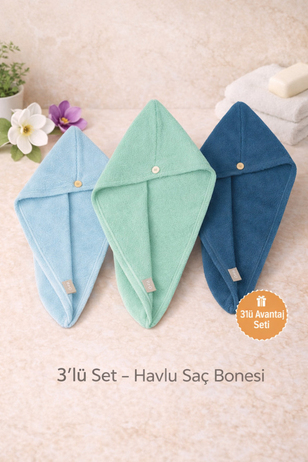 Towel Hair Cap Set of 3 – Soft Textured, Quick Drying, Non-Slip Advantage Set