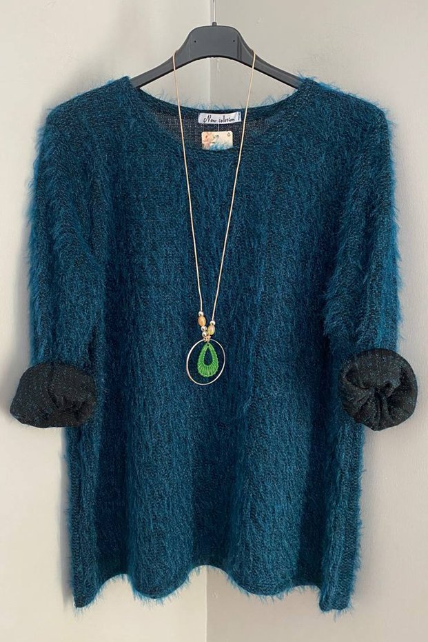 Women's Italian Petrol Round Neck Casual Beard Knitwear Blouse Sweater with Necklace Accessories