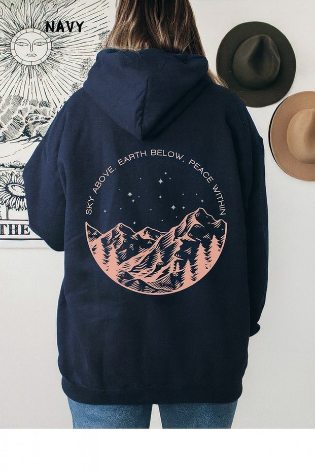 Unisex Oversized Hooded Mountain Landscape and Stars Graphic Printed Casual Streetwear Fashion Sweatshirt