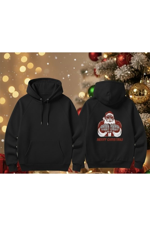 100% Cotton Unisex Oversized Merry Christmas New Year Themed Printed Hooded Sweatshirt