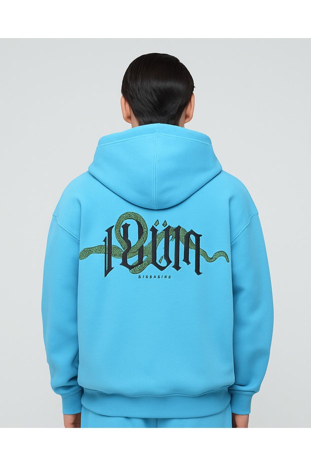 Unisex Oversized Hooded Snake Patterned Bloodline Text Printed Streetwear Sweatshirt