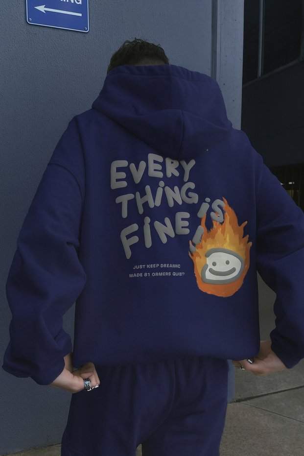 Unisex Oversized Hooded Everything Is Fine Text and Flame Emoji Printed Streetwear Sweatshirt