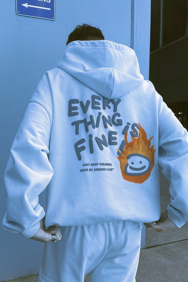 Unisex Oversized Hooded Everything Is Fine Text and Flame Emoji Printed Streetwear Sweatshirt