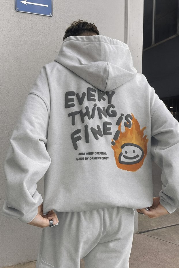 Unisex Oversized Hooded Everything Is Fine Text and Flame Emoji Printed Streetwear Sweatshirt