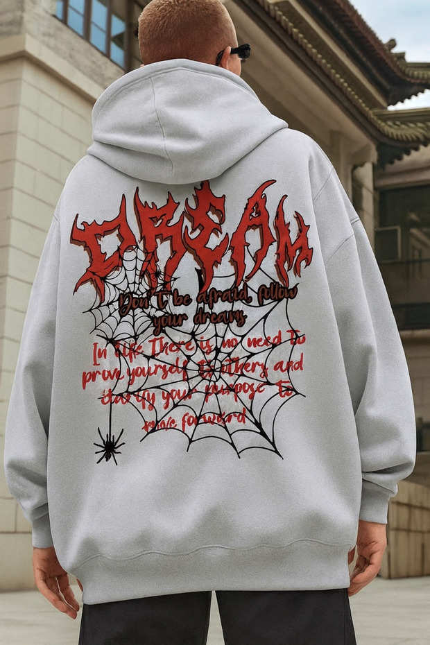 Unisex Oversized Hooded Dream Lettering Spider Web and Spider Printed Streetwear Sweatshirt