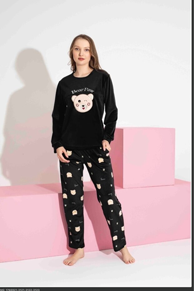 Velvet Women's Pajama Set with Teddy Bear Pattern