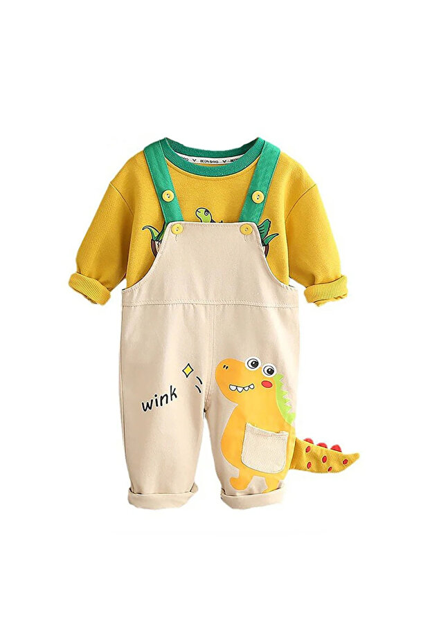 Kids’ Dungaree 2‑Piece Set | 12-18 Months | Yellow & Beige | Cotton | Soft | 3D Dinosaur Tail