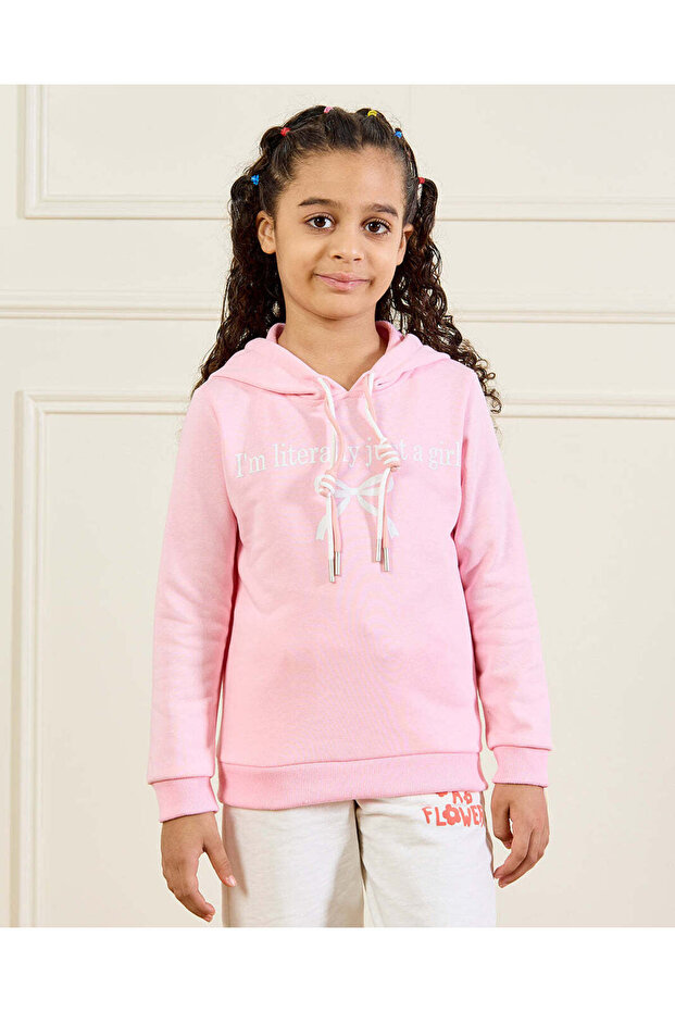 Girls Pink Printed Hooded Sweatshirt