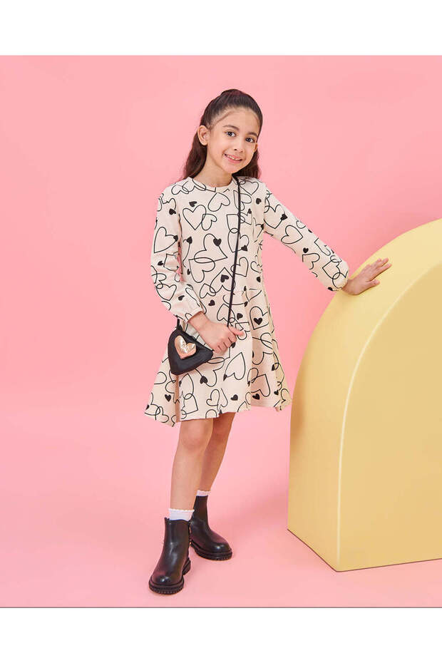 Girls Ivory Heart Print With Sling Bag Dress (2 Piece)