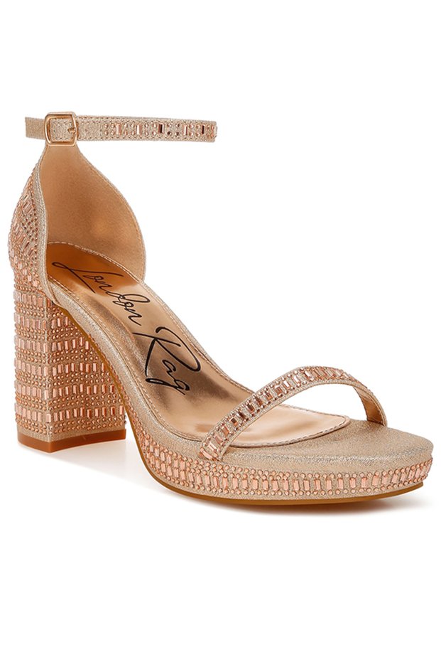 Women Rhinestones Embellished Block Sandals in Beige Gold
