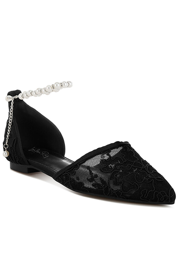 Women Pearl & Rhinestone Strap Flat Sandals in Black