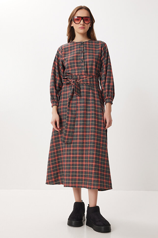 Belted Checkered Flared Woven Dress Lnt0018 Anthracite Red