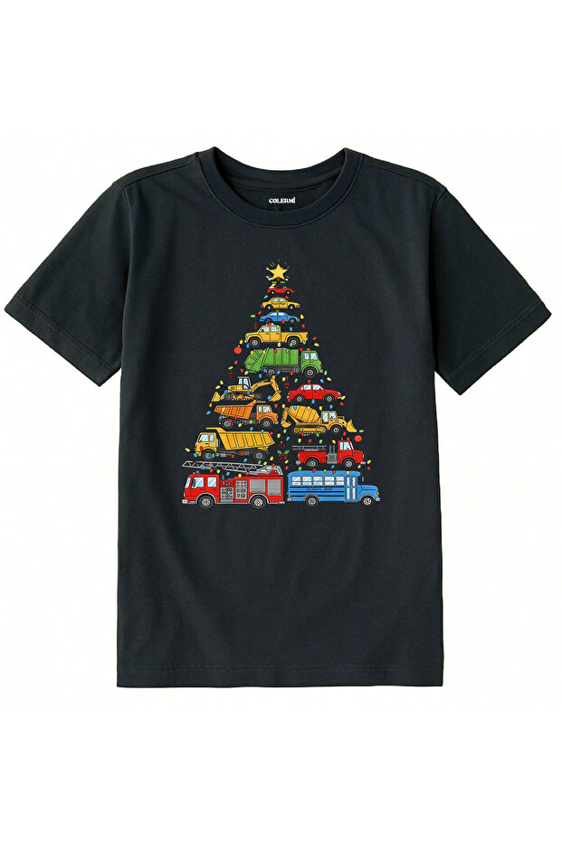 Cotton Fabric Children's T-Shirt – Christmas Tree with Vehicles Printed