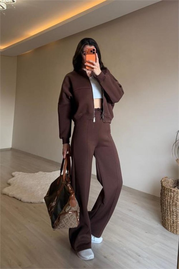 Women's Zippered Oversized Sweat and High-Waisted Sweatpants Set Nm018