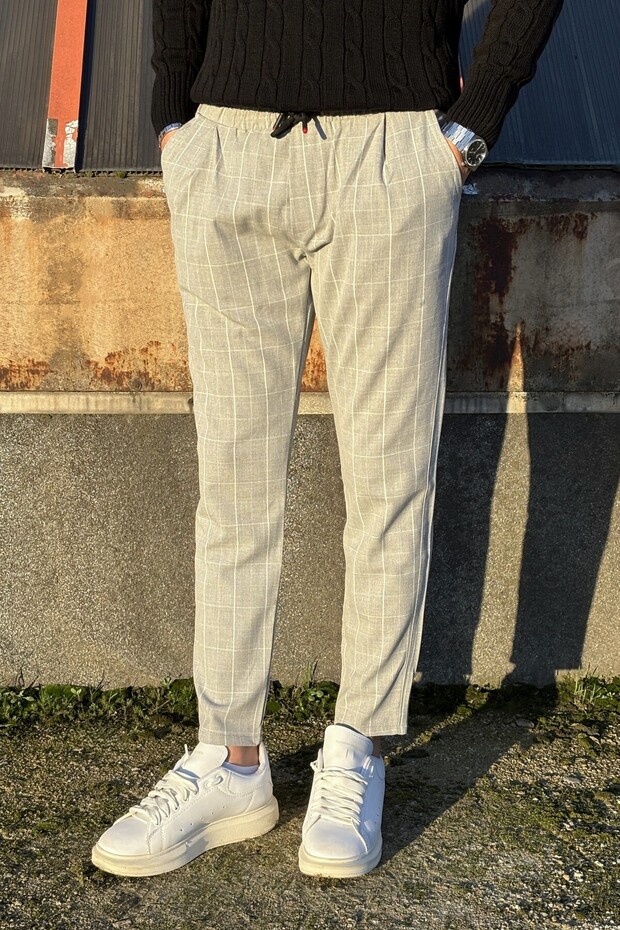 Men'S, Plaid Pattern, Summer-Spring Season, Elastic Waist, Pleated Detail, Fabric Pants 25Inp199Kduz