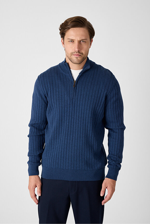 Romulo Men's Light Navy Blue Cotton Italian F Corded Fabric Half Zip D Mock Neck Regular Fit Sweater