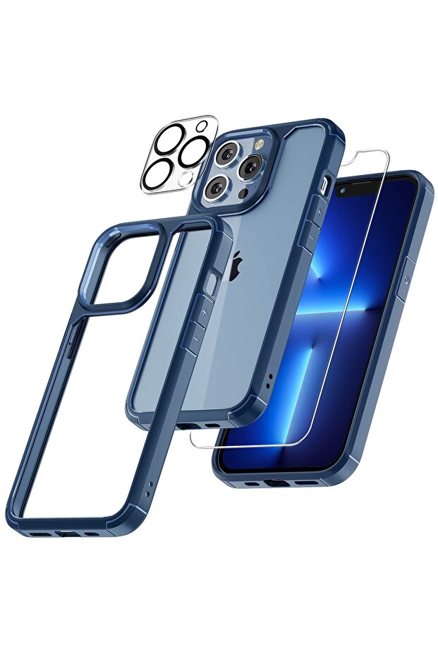جراب شفاف بحواف زرقاء لهاتف iPhone 14Plus مقاس 6.7 بوصة + 2 واقي شاشة + 2 واقي عدسة كاميرا
