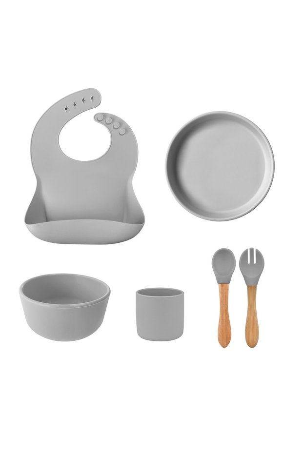 Silicone Feeding Set Blw Set Iii - Powder Gray (Baby Bib, Plate, Bowl, Cup, Fork, Spoon)
