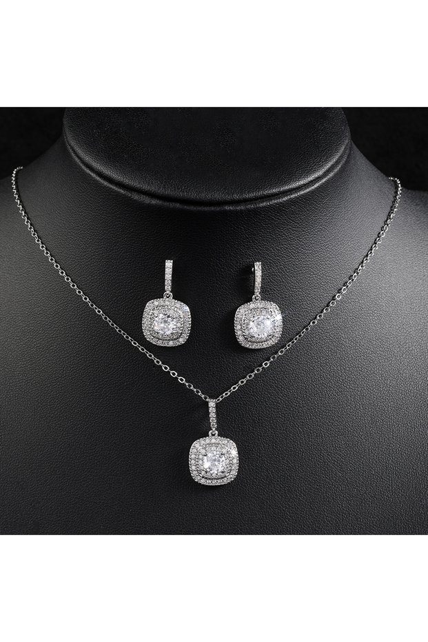 Sliver Color 2pcs ZAKOL 3 Pcs Brilliant Micro Paved Zirconia Square Earring/ Necklace/Bracelet Jewel