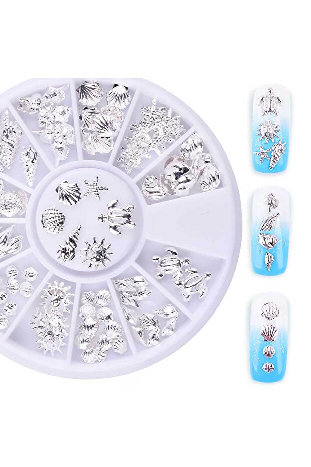 1 Pcs 12 Girds Silver Metal Nail Studs Mixed Ocean Sea Shell/Conch/Starfish 3d Metallic Slice Flakes