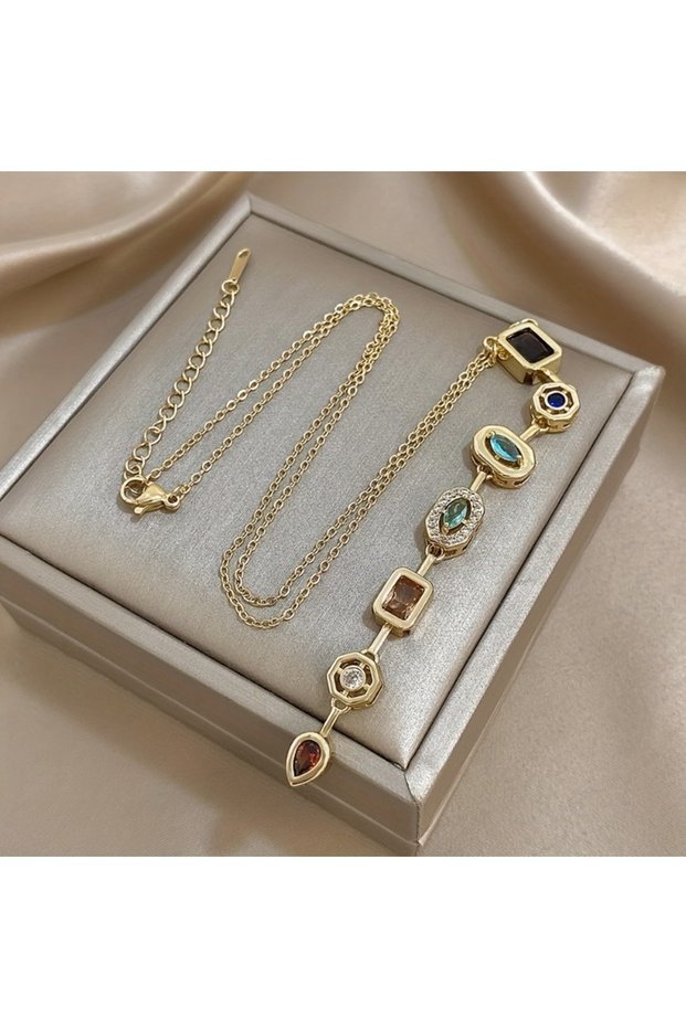 YB6511-1 Retro Elegant Long Pendant Necklace for Women with Colored Synthetic Zircon Chain Perfect f
