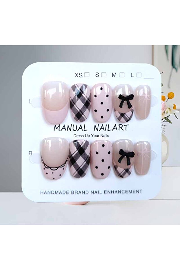 Style 2-S 10Pcs French Plaid Bean Paste Pink Powder Butterfly Bowknot with Diamond Press On Nails Ko