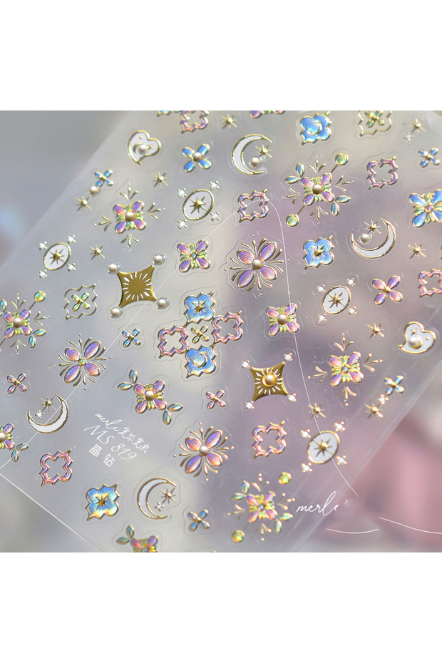 MS819 Bohemian Pattern Colorful Love Heart Moon Pearl Crystal Rhinestone 5D Nail Art Sticker Self Ad