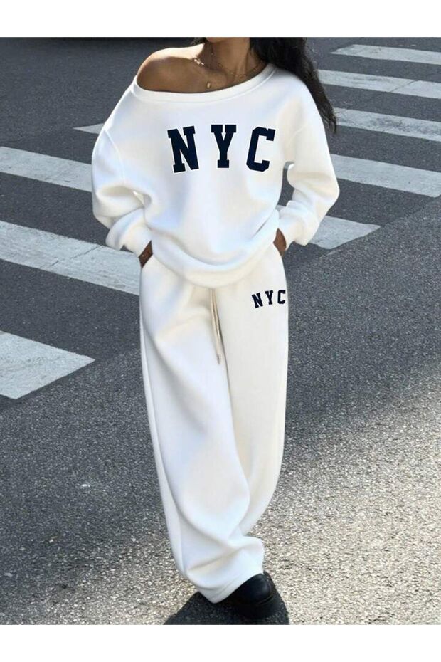Women's Nyc Printed Boat Neck Sweatshirt Sweatpants Set