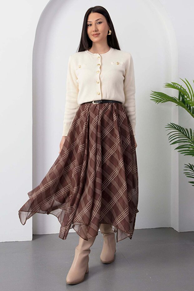 Dilimli Ekose Şifon Etek DKS1378 - 4