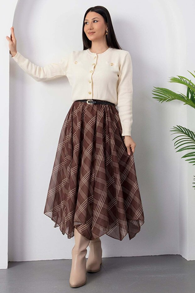 Dilimli Ekose Şifon Etek DKS1378 - 7