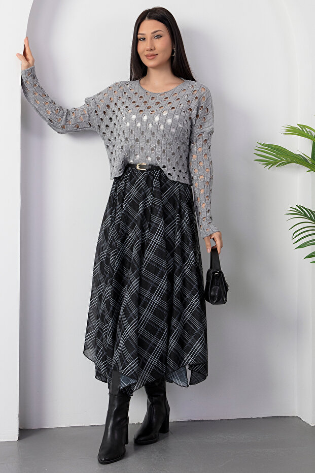 Dilimli Ekose Şifon Etek DKS1378 - 5