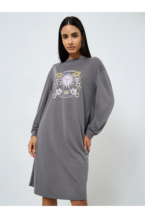 Manifest Text Drop Shoulder Cuff Sleeve Sleep T-Shirt Dress