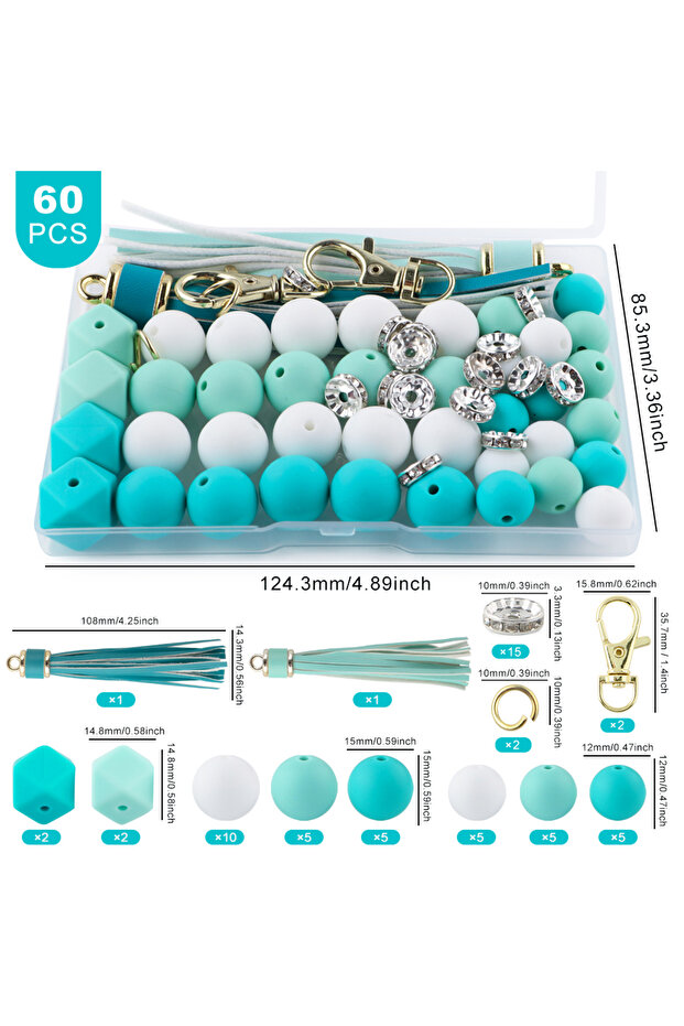 Set 6 New 60Pcs/Box Leather Keychain Tassels Silicone Bead Round Hexagon Lentil For Jewelry Making D