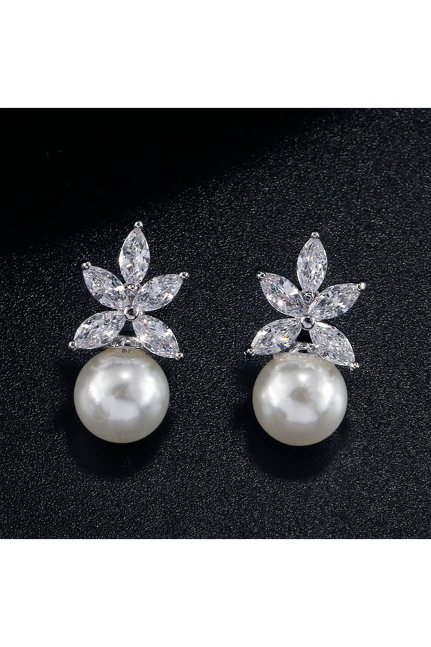 White ZAKOL Clear Marquise Zircon Imitation Pearl Stud Earrings Temperament Bridal Wedding Party Jew
