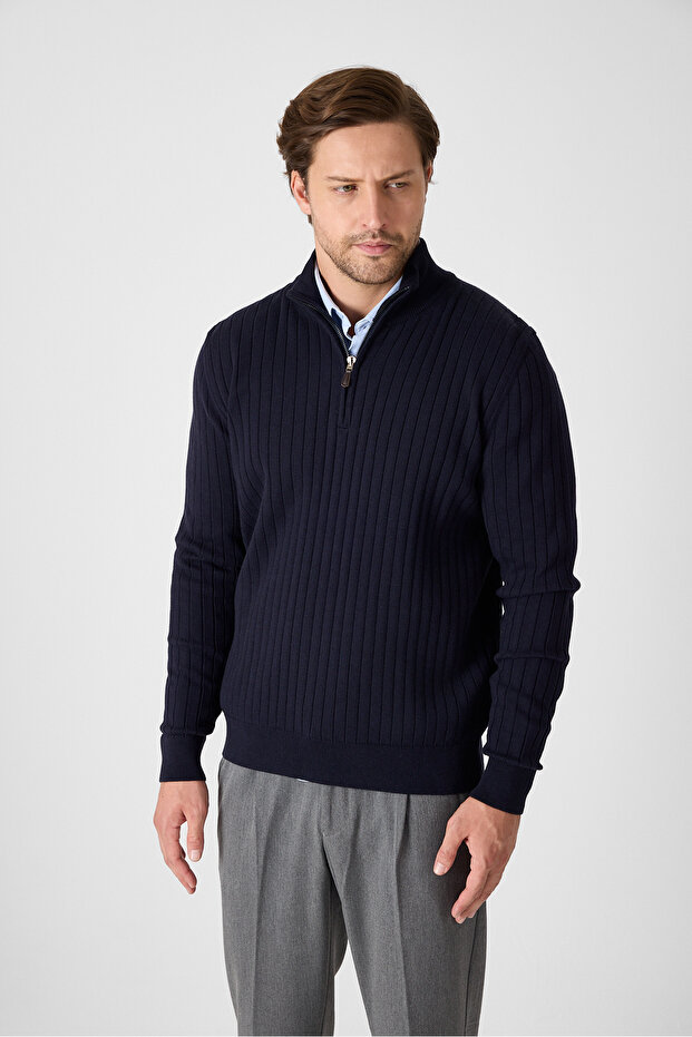 Romulo Men's Navy Blue Cotton Italian F Corded Fabric Half Zip D Mock Neck Regular Fit Sweater