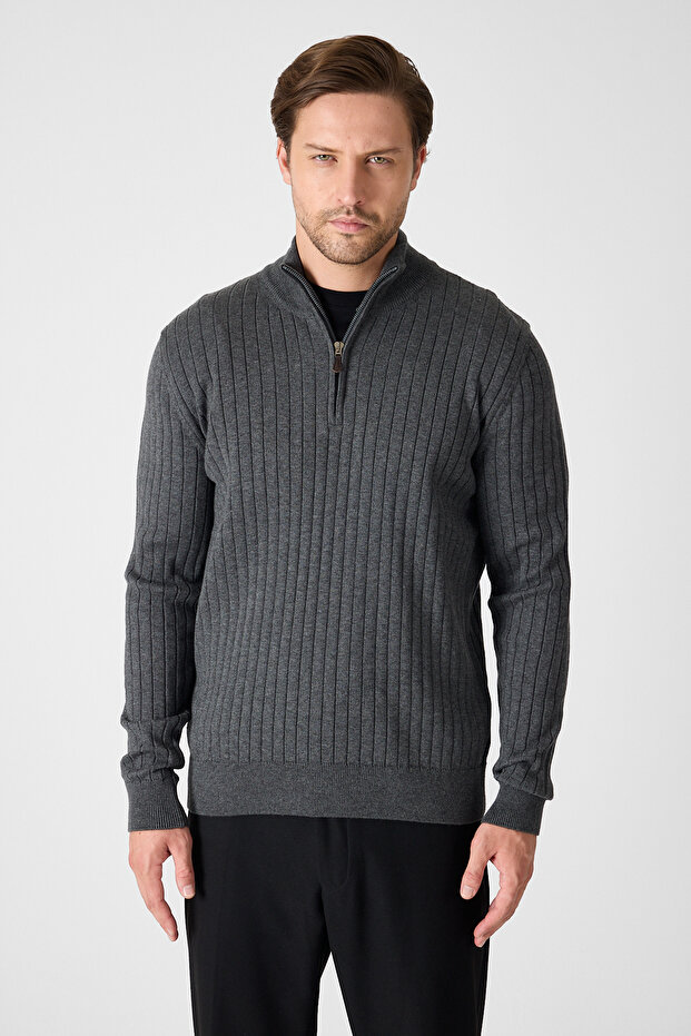 Romulo Men's Smoked Cotton Italian F Corded Fabric Half Zippered D Mock Neck Regular Fit Sweater