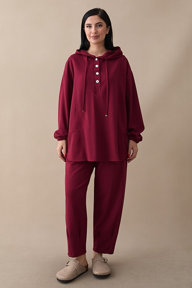 Hooded Button Double Breasted Burgundy Modal Suit