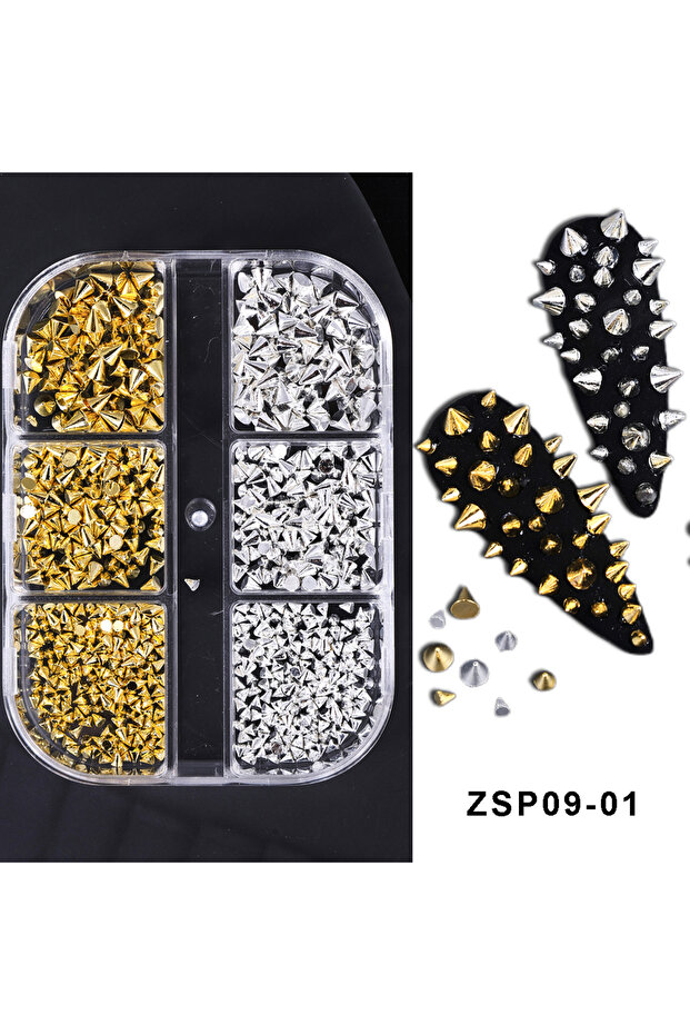 ZSP09-01 1/2Boxes Metal Rivet Y2K Punk Nail Charms Parts Cone Mixed Sized Black Silvery Golden Nail