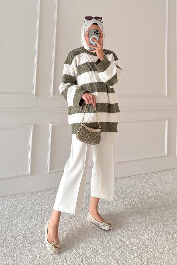 Oversized Striped Knitwear Tunic Water Green