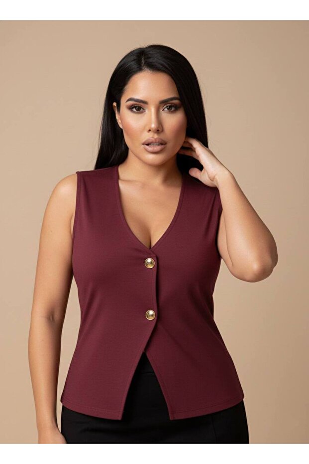 V-Neck Gold Buttoned Stylish Women's Vest Blouse