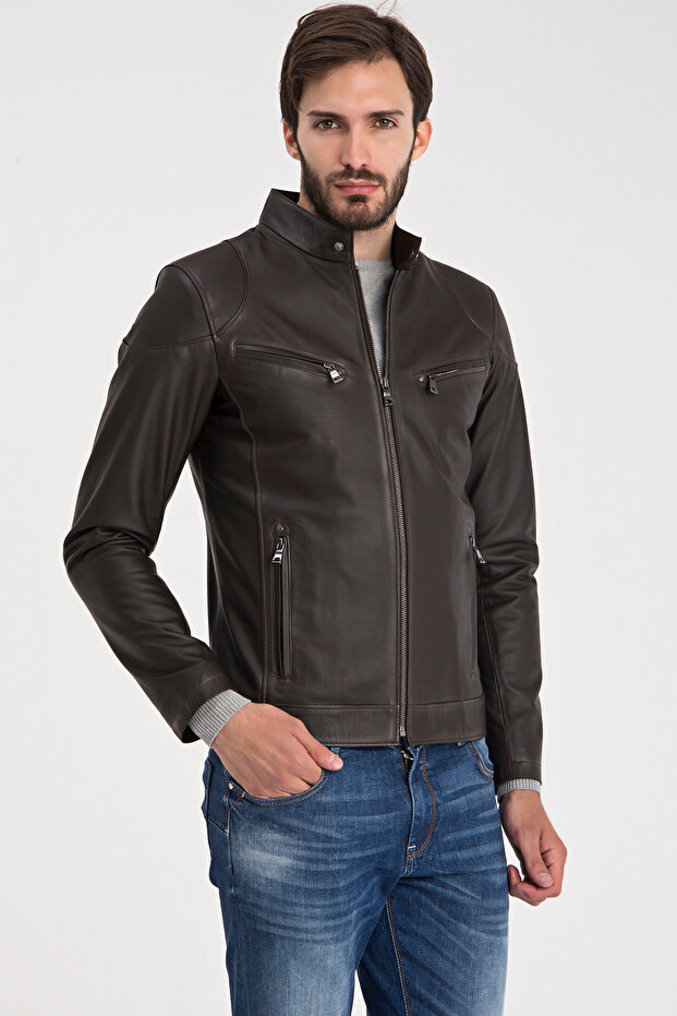 Hakim Collar Snap Fastener Leather Jacket