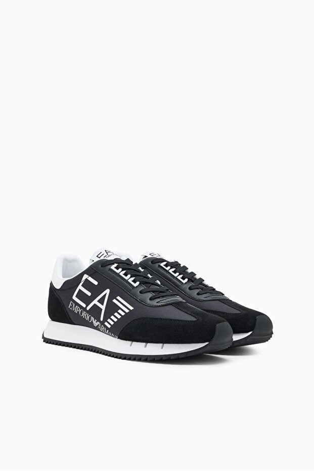 Men's Lace-Up Sneaker with Large Logo and Suede Detail - Black