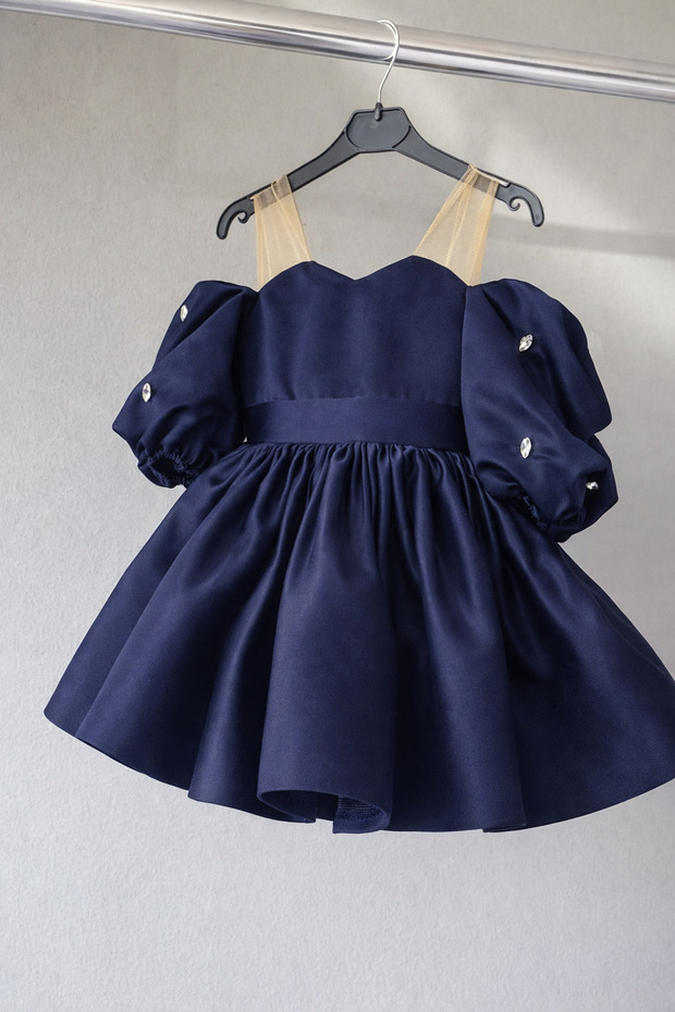 Special Design Navy Blue Tulle Strap Stone Detailed Balloon Sleeve Girl's Evening Dress
