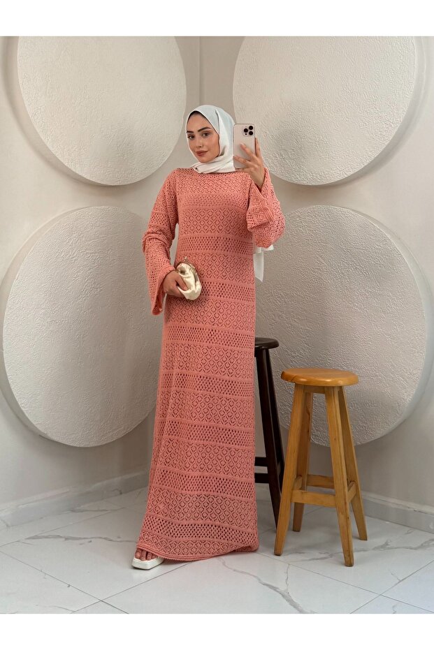 Fileli Örme Elbise-Pudra Pembe - 2