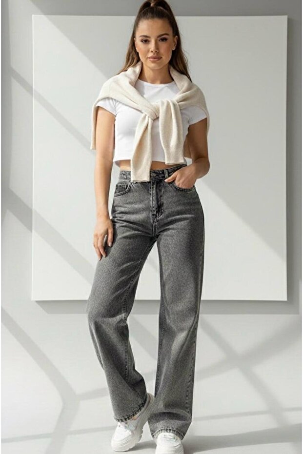 Aren High Waist Anthracite Palazzo Jeans Stretch Fabric Smoked Jeans