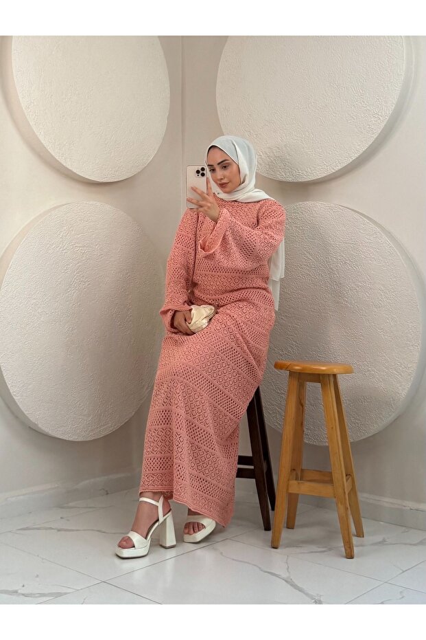 Fileli Örme Elbise-Pudra Pembe - 1