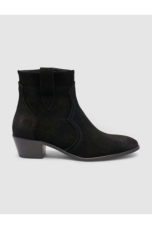 Suede Leather Black Zippered Heeled Women's Western Boots